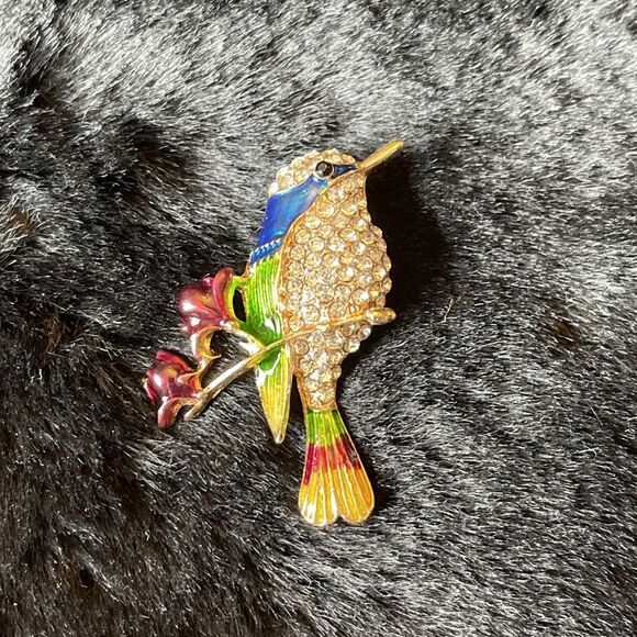 Bird Brooch Pin Rhinestones And Enamaled On Gold Toned Metal New Unbranded - Picture 2 of 5